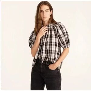J‎ Crew Top Womens Small Black Beige Smocked Neck Puff Sleeve Friday Plaid